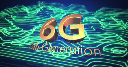 Image of 6g 6th generation text and data processing and network of connections. Global artificial intelligence, connections, computing and data processing concept digitally generated image.