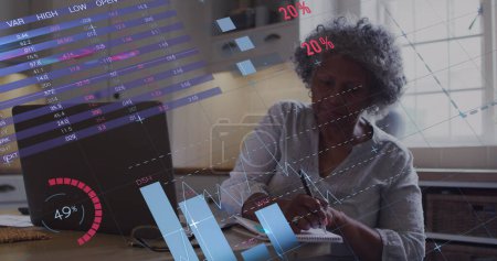 Photo for Image of statistics and data processing over senior african american woman. Global business, finance and data processing concept digitally generated image. - Royalty Free Image