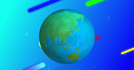 Foto de Globo girando sobre formas coloridas moviéndose diagonalmente a través de un fondo azul cielo. color vintage y concepto de movimiento global imagen generada digitalmente. - Imagen libre de derechos