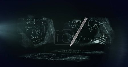 Photo for Image of school icons over mathematical equations on black background. Education, learning, knowledge, science and digital interface concept digitally generated image. - Royalty Free Image