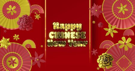 Foto de Imagen de feliz año nuevo chino ext sobre linternas y patrón chino sobre fondo rojo. Año nuevo chino, festividad, celebración y tradición concepto de imagen generada digitalmente. - Imagen libre de derechos