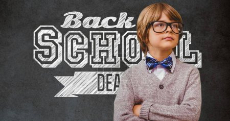 Photo for Image of back to school text over schoolboy. education, development and learning concept digitally generated image. - Royalty Free Image