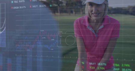 Photo for Image of data processing over caucasian female golf player. Global sport and digital interface concept digitally generated image. - Royalty Free Image
