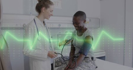 Image of data processing over caucasian female doctor with female patient. Global healthcare, science, medicine, research, computing and data processing concept digitally generated image.