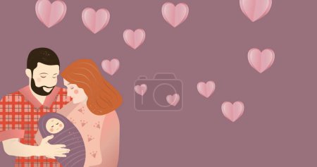 Photo for Image of caucasian parents with baby over pink background with hearts. Family and adoption concept digitally generated image. - Royalty Free Image