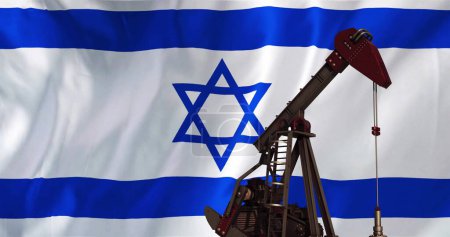 Photo for Image of oil rig over flag of israel. Palestine israel conflickt, finance, business and oil industry concept digitally generated image. - Royalty Free Image