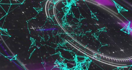 Foto de Las conexiones digitales abstractas forman una red a través de un telón de fondo púrpura. La visualización sugiere conceptos de tecnología, conectividad y flujo de datos. - Imagen libre de derechos