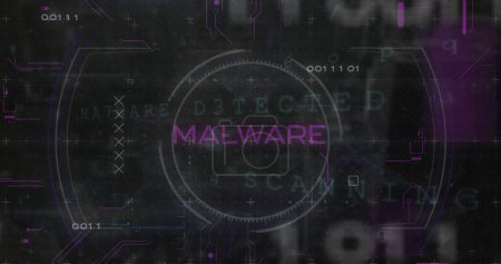 Photo for Image of malware text in circle with binary codes, circuit board texture over black background. Digitally generated, hologram, virus, coding, programming language and technology concept. - Royalty Free Image