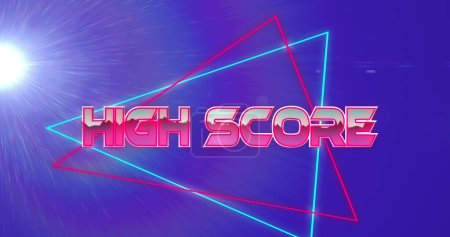 Image of pink metallic text high score over neon challenge game game and get ready text. image game entertainment and digital interface concept digitally generated image.