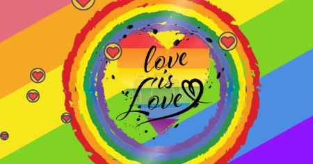 Photo for Image of love is love text and hearts with rainbow background. pride month celebration concept digitally generated image. - Royalty Free Image