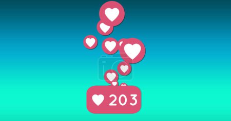 Téléchargez les photos : Image numérique des icônes de coeur en mouvement au-dessus des nombres croissants et icône de coeur à l'intérieur d'une boîte rose sur un fond dégradé bleu 4k - en image libre de droit
