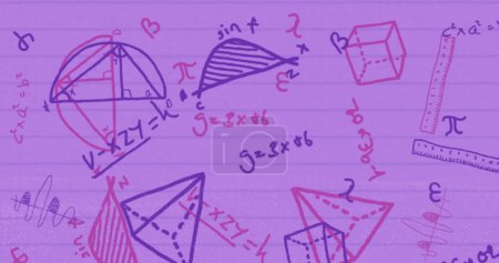 Photo for Image of geometry and math formulas on pink background. Math, geometry, educations, numbers, digital space and technology concept digitally generated image. - Royalty Free Image