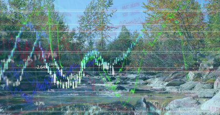 Image of multiple graphs over stream in forest against clear sky. Digital composite, multiple exposure, report, finance, business, database, forest, river and nature concept.