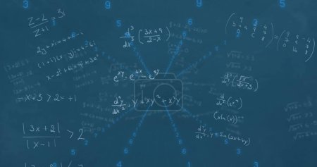 Image of numbers and math formulas on blue background. Math, geometry, educations, numbers, digital space and technology concept digitally generated image.