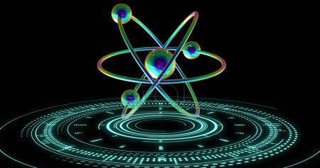 Image of atom model spinning and data processing on black background. Global science, research, connections, computing and data processing concept digitally generated image.