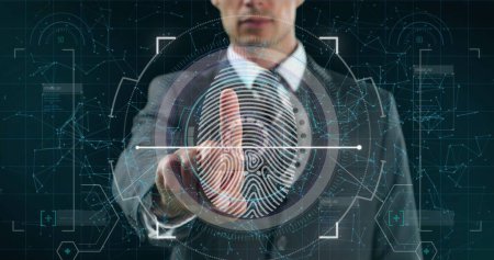 Scanner und biometrischer Fingerabdruck mit interaktivem Bildschirm. digitale Schnittstelle, Identität und Technologiekonzept digital generiertes Bild.