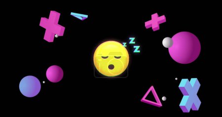 Photo for Image of emoji icons with interference over shapes on black background. Social media, communication and digital interface concept digitally generated image. - Royalty Free Image
