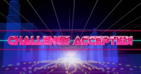 Image of challenge accepted text banner over light trails against 3d city model. image game interface technology concept