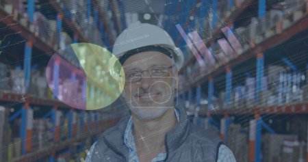 Photo for Image of statistics and financial data processing over man working in warehouse. global shipping and connections concept digitally generated image. - Royalty Free Image