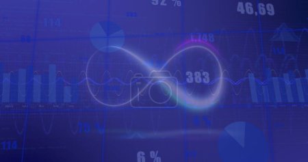 Image of infinity symbol over multiple graphs and changing numbers on abstract background. Digitally generated, hologram, illustration, vitality, report, growth and business concept.