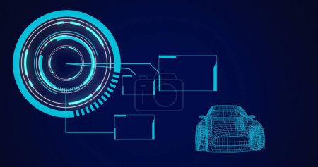 Image de dessin de voiture 3d avec balayage de la portée et le traitement des données. industrie automobile mondiale, technologie, traitement des données et concept d'interface numérique image générée numériquement.