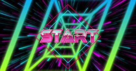 Image of start text over shapes. Retro future and digital interface concept digitally generated image.