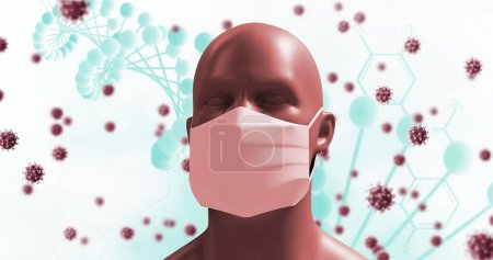 Bild eines digitalen menschlichen Kopfes, der eine Gesichtsmaske mit riesigen Virenmodellen trägt, die auf einem weißen Hintergrund mit einem DNA-Modell schweben. Coronavirus Covid-19 Pandemiekonzept digitaler Verbund.