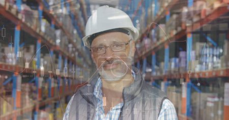 Image of data processing over man working in warehouse. global shipping, delivery and connections concept digitally generated image.