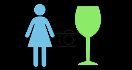 A blue female restroom symbol stands next to a green wine glass icon. Symbols suggest amenities or services like restrooms and beverages in a public space.