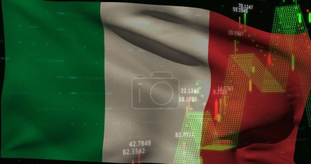 Foto de Imagen de ondear la bandera italia sobre el procesamiento de datos financieros. Procesamiento global de datos y economía concepto de imagen generada digital. - Imagen libre de derechos
