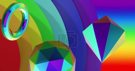 Téléchargez les photos : Image de formes 3d multicolores sur fond arc-en-ciel. Concept abstrait, couleur, forme et mouvement image générée numériquement. - en image libre de droit