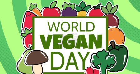 Foto de World vegan day text banner with multiple vegetables icons against green spiral background. World vegan day awareness concept - Imagen libre de derechos