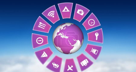 Image of travel icons with globe on sky background. Global travel, technology, digital interface and data processing concept digitally generated image.