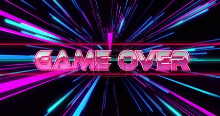 Image of game over over pink and blue neon light trails. Global image game, connections, computing and data processing concept digitally generated image.