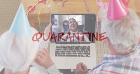 Photo for Senior couple celebrates with a teenage girl on a video call. Party hats and decorations suggest a festive virtual gathering during quarantine. - Royalty Free Image