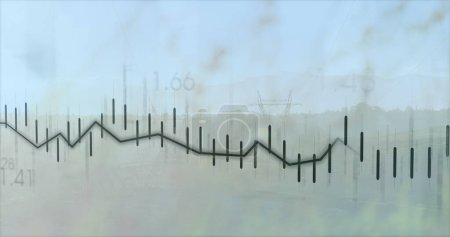 Image of financial data processing over electricity pylons and landscape. global finance, business and digital interface concept digitally generated image.