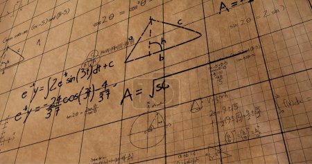 Photo for Digital image of mathematical equations and figures moving in the screen with square patterns against a textured brown background image for back to school 4k - Royalty Free Image