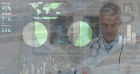 Image of data processing and banknotes over caucasian male doctor. Global medicine, computing and digital interface concept digitally generated image.