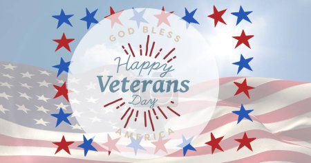 Imagen del texto del día de los veteranos felices y estrellas sobre la bandera americana. patriotismo y concepto de celebración imagen generada digitalmente.
