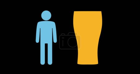 Eine blaue Strichmännchenfigur steht neben einem gelben Glas. Das vereinfachende Design suggeriert ein Toilettenschild oder ein Symbol für geschlechtsspezifische Einrichtungen.