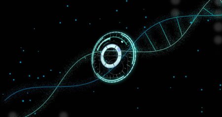 Téléchargez les photos : Image de balayage de la portée sur des brins d'ADN sur fond noir. Concept d'interface numérique et de science globale image générée numériquement. - en image libre de droit