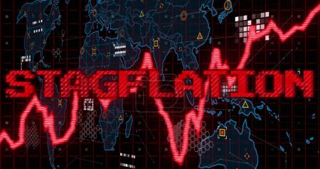Photo for Image of stagflation text in red over graph and world map processing data. Global business economy, stagnation, inflation and digital communication concept digitally generated image. - Royalty Free Image