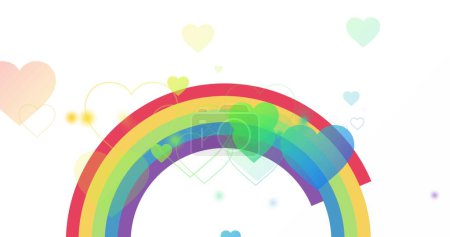 Bild von Regenbogenherzen über Regenbogen auf weißem Hintergrund. Pride month, lgbtq, Menschenrechte und Gleichberechtigungskonzept digital generiertes Image.