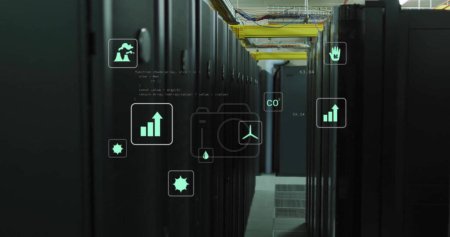 Photo for Image of eco icons and data processing over computer servers. Global business, connections, computing and data processing concept digitally generated image. - Royalty Free Image