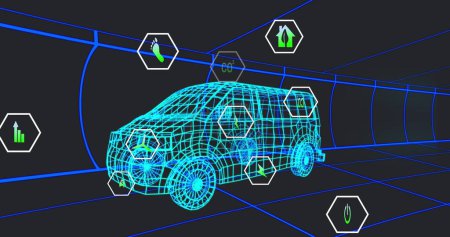 Bild mehrerer digitaler Symbole über einem 3D-Van-Modell, das sich nahtlos in einem Tunnel bewegt. Ev und nachhaltiges Energiekonzept