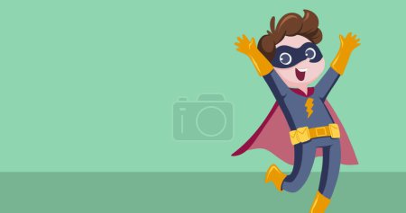 Photo for Image of caucasian boy wearing superhero costume icon on green background. Icons and background concept digitally generated image. - Royalty Free Image