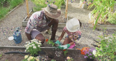 Image of heart flowers over african american father and daughter gardening plants. family life, childhood, love and nature concept digitally generated image.