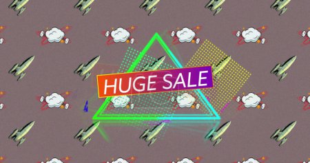 Photo for Image of Huge Sale text on red to purple banner over geometric figures, rockets and cloud cartoon retro speech bubbles on brown background. Vintage comic concept digitally generated image. - Royalty Free Image
