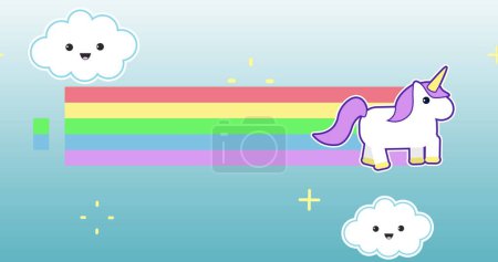 Photo for Digital image of unicorn running across the screen while leaving behind rainbow. The background is a green sky with smiling clouds moving to the left. 4k - Royalty Free Image