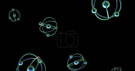 Image of atom models spinning on black background. Global science, research, connections, computing and data processing concept digitally generated image.